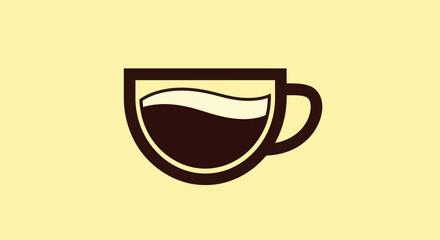 Stylized brown coffee cup on yellow background; filled part with dark liquid, light foam