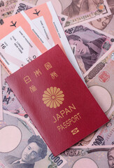 Japanese passport or id document with tickets for flight, travel, border crossing. Japan passport