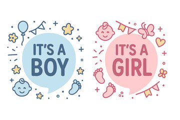 It's a boy and It's a girl gender reveal announcement set. Cute doodle vector illustration for baby shower. Newborn celebration graphic with pink and blue speech bubbles.