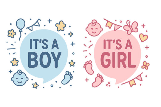 It's a boy and It's a girl gender reveal announcement set. Cute doodle vector illustration for baby shower. Newborn celebration graphic with pink and blue speech bubbles. - Powered by Adobe