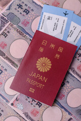 Japanese passport or id document with tickets for flight, travel, border crossing. Japan passport