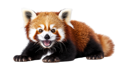 Cute red panda with playful expression is isolated on transparent background. Its fluffy fur and vibrant colors make it adorable subject for various designs