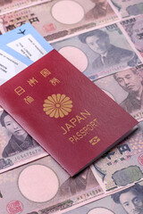 Japanese passport or id document with tickets for flight, travel, border crossing. Japan passport