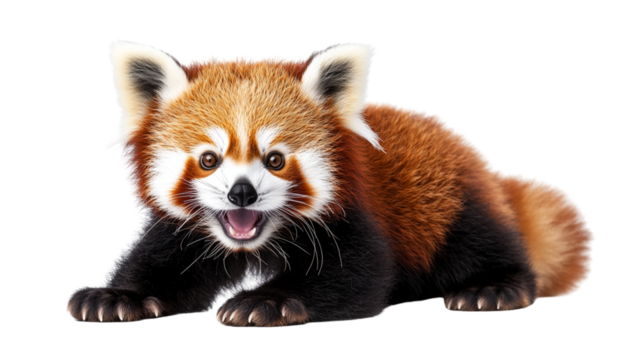 Cute red panda with playful expression is isolated on transparent background. Its fluffy fur and vibrant colors make it adorable subject for various designs