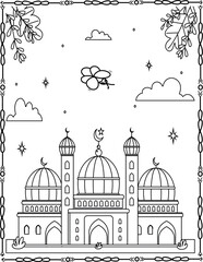 A black and white drawing of a mosque with a moon in the background. For kids and Adults.