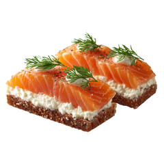 Fresh salmon on rye bread topped with cream cheese and dill served as a delicious snack in a cozy kitchen