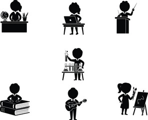 Education silhouettes set, creative learning icons, science art music illustration, teacher student study, online learning, classroom concept, academic diversity, knowledge