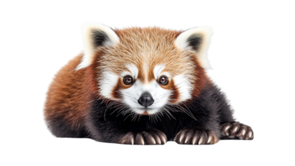 Cute red panda lies on transparent background showcasing its fluffy fur and distinctive facial markings. animal relaxed pose and gentle expression create charming and endearing image
