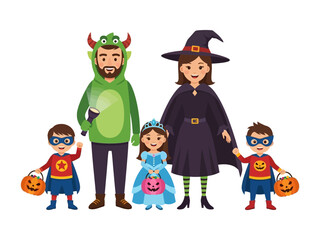 Costumed Family Halloween Fun: A whimsical illustration captures a family, each member playfully dressed in their Halloween costumes.