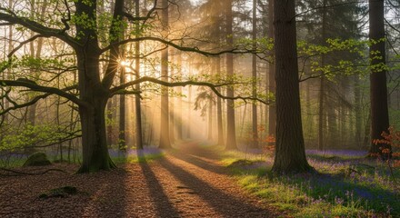 Obraz premium Golden sunlight streams through a lush forest, illuminating the path ahead amidst tall trees, creating dramatic shadows on the ground, with hints of bluebells and fresh foliage, forming a tranquil...