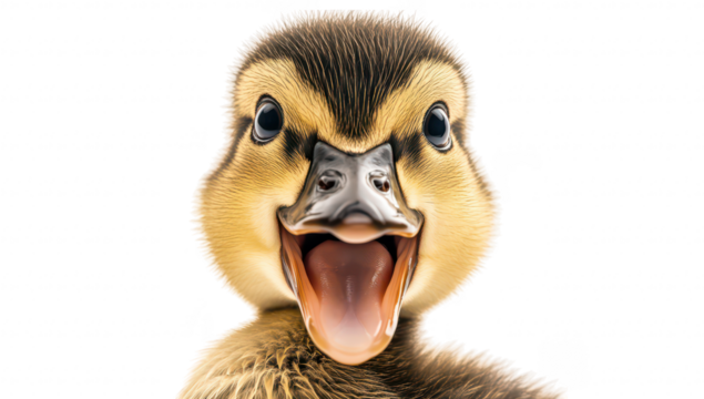 A close-up of an adorable duckling with its mouth open. its feathers and expressive eyes against a white background. perfect for nature-themed projects or educational materials