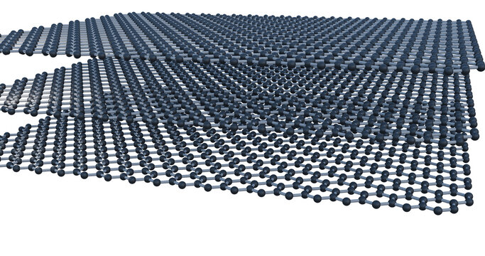 Graphite molecule close up. 3D Molecular model of graphite layer. Graphite consists of layers of carbon atoms, each bonded to three neighbors in a hexagonal, honeycomb-like structure called graphene