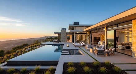 Obraz premium A modern, luxurious home with a breathtaking infinity pool overlooks a scenic vista at sunset.