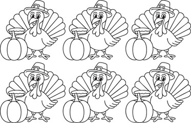 Thanksgiving Turkey Coloring Pages for Kids, 6 Cute Turkey Coloring Pages for Kids Graphic.
