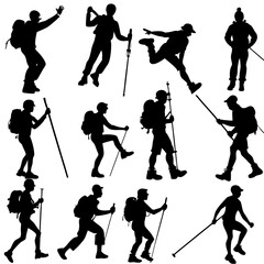 Obraz premium Silhouettes Hiking Vector , Hiker Silhouette Vector, Mountaineer Vector, Mountain Climber Vector