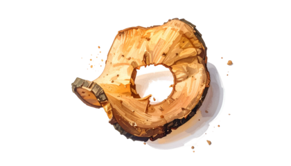 Artistic rendering of a wooden slice, featuring a hole, dark bark