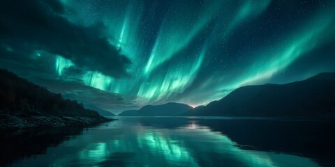 Fototapeta premium Mesmerizing Aurora Over Coastal Landscape with Dramatic Mountains and Reflective Water Surface at Twilight