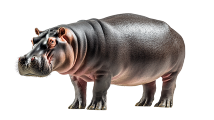 Hippo stands on transparent background showcasing its massive body and textured skin. animal expression is calm and neutral, highlighting its natural features