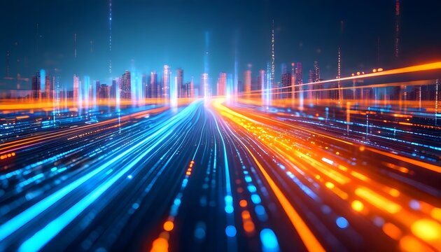 Vibrant streams of blue and orange light race through a futuristic digital city skyline representing high-speed data transfer.
