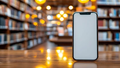 Smartphone with blank screen on a wooden table in a library.