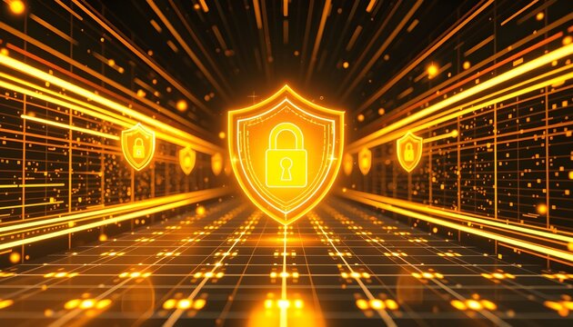 A glowing golden shield with a padlock icon representing cybersecurity and data protection in a futuristic digital landscape.