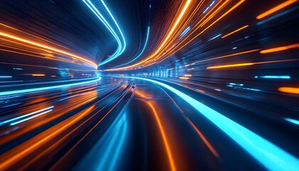 Abstract tunnel with blue and orange light trails, futuristic design.