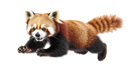 Playful red panda with bushy tail and expressive eyes is leaping joyfully on transparent background. Its vibrant fur and lively pose create sense of motion and excitement