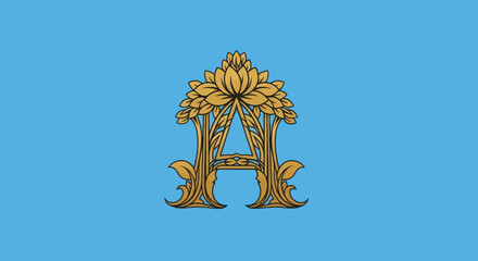 Ornate golden A-shaped floral emblem on light blue