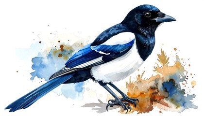 A detailed watercolor illustration of a Eurasian magpie. The bird is shown in profile against splashes of blue and orange hues