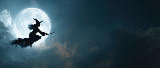 Witch moon night sky broom silhouette flying spooky fantasy magic