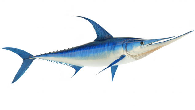 A realistic depiction of a marlin swimming gracefully through open water. its sleek body and colors. with a serene underwater backdrop