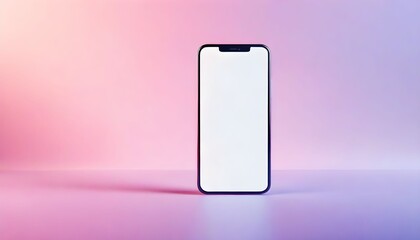 A modern smartphone with a blank white screen for mockup purposes, standing on a reflective surface against a soft pink and purple gradient background.