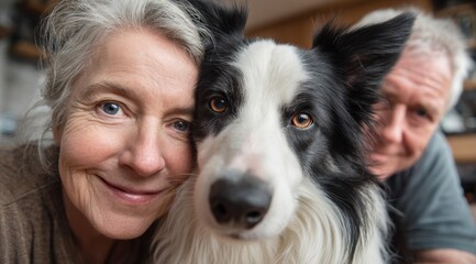 Close-up portrait of smiling senior couple with their loyal border collie dog at home