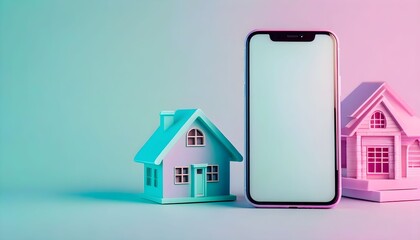 A smartphone stands next to two miniature houses, symbolizing real estate and technology.