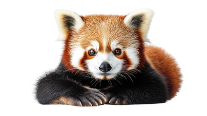 Obraz premium Cute red panda with fluffy tail and distinctive facial markings is lying down on transparent background. Its soft fur and gentle expression create charming and endearing image
