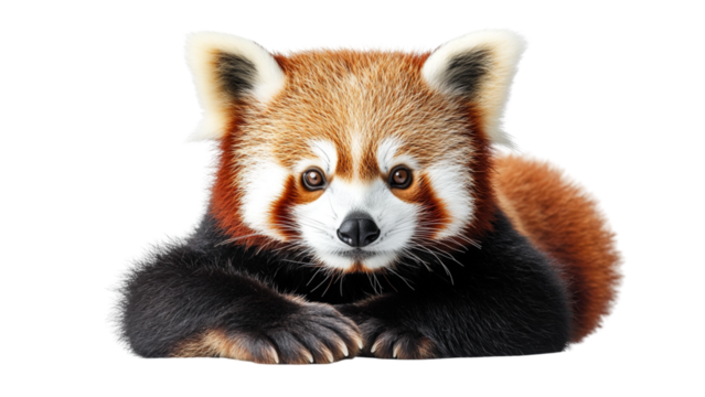 Cute red panda with fluffy tail and distinctive facial markings is lying down on transparent background. Its soft fur and gentle expression create charming and endearing image