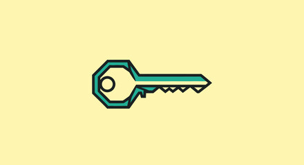 Stylized cyan key, black outline, on light yellow