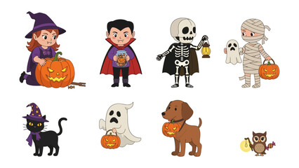 Spooky Halloween Fun: A delightful assortment of Halloween characters, including a witch, vampire, skeleton, and mummy, alongside adorable pets, creating a festive and fun-filled scene.