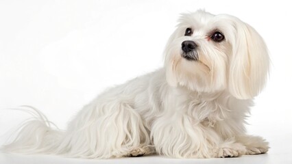 Maltese dog with long silky white coat and expressive dark eyes, sitting on a clean white studio background, sharp focus, professional lighting, detailed pet portrait
