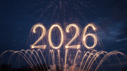 Sparkling 2026 fireworks display against a dark night sky