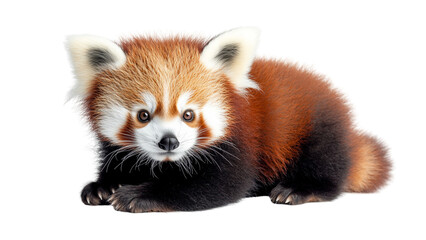 Obraz premium Cute red panda with fluffy fur and distinctive markings is lying down on transparent background. Its expressive eyes and soft ears add to its adorable appearance