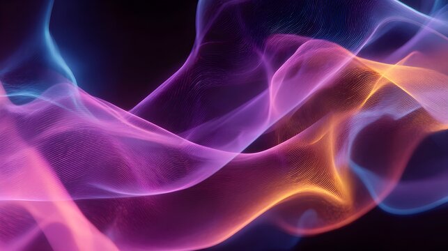 Abstract flowing neon light trails creating luminous energy waves with vibrant pink purple and orange hues against a dark backdrop