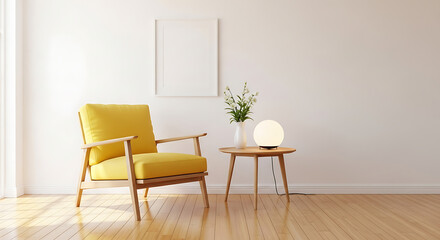 Fototapeta premium Cozy modern living room with a mustard yellow armchair and small side table