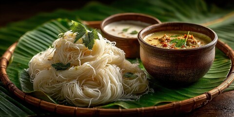 kerala idiyappam with stew and coconut chutney on banana leaf