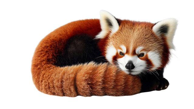 Cute red panda with fluffy tail is resting on transparent background. Its soft fur and relaxed posture create peaceful and charming image