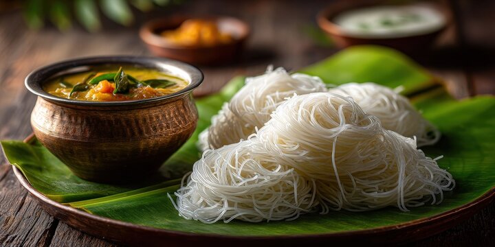 kerala idiyappam with stew and coconut chutney on banana leaf