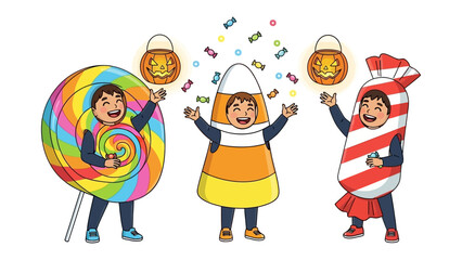 Halloween Fantasy: Three young children revel in the whimsical spirit of Halloween, each clad in vibrant and playful costumes against a backdrop of enchanting decorations.