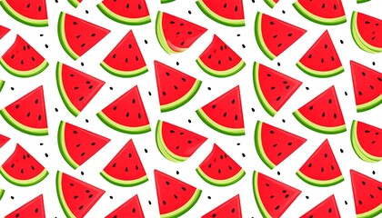 A repeating pattern of vibrant red watermelon slices and scattered black seeds against a clean white background
