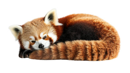 Cute red panda lies curled up on transparent background showcasing its fluffy tail and soft fur. animal relaxed pose and gentle expression evoke sense of calm and warmth