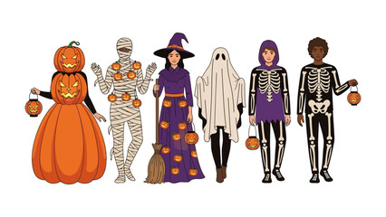 Halloween Costume Party: A diverse group of individuals showcase their unique costumes at a spooky Halloween party, embodying the spirit of the holiday in a vector illustration. 